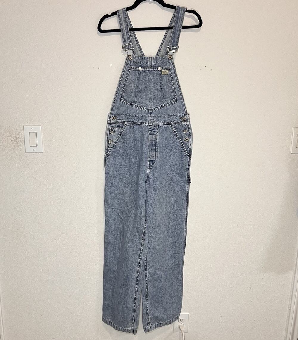 GUESS USA Denim Overalls Size M Blue Carpenter Wide Leg Logo Light Wash VINTAGE